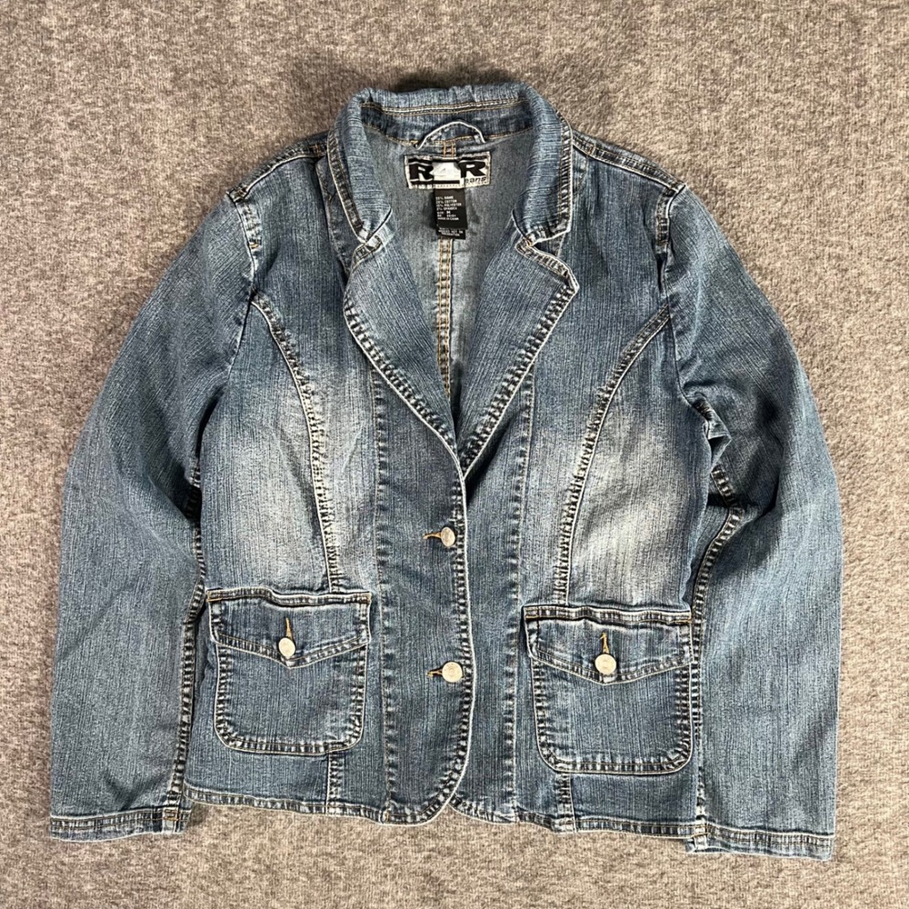 Vintage R4R Jeans Denim Blazer Jacket Y2K Medium Wash Blue Size M